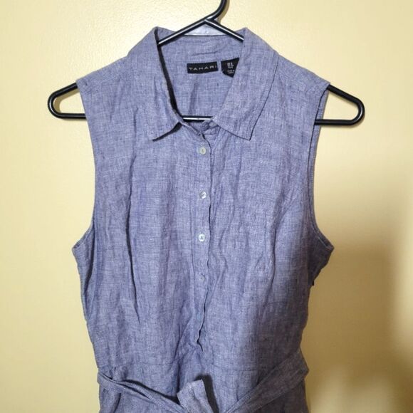 Tahari Linen Blue Embroidered Sleeveless Shirt Dress 4 - Picture 3 of 11